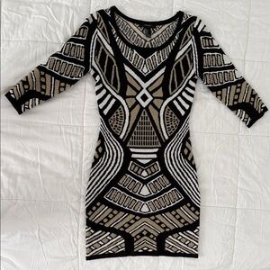 Geometric Patterned Black and Tan Dress